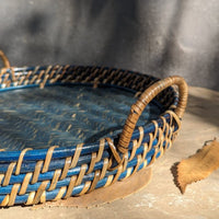 Round Rattan Tray- Light Blue