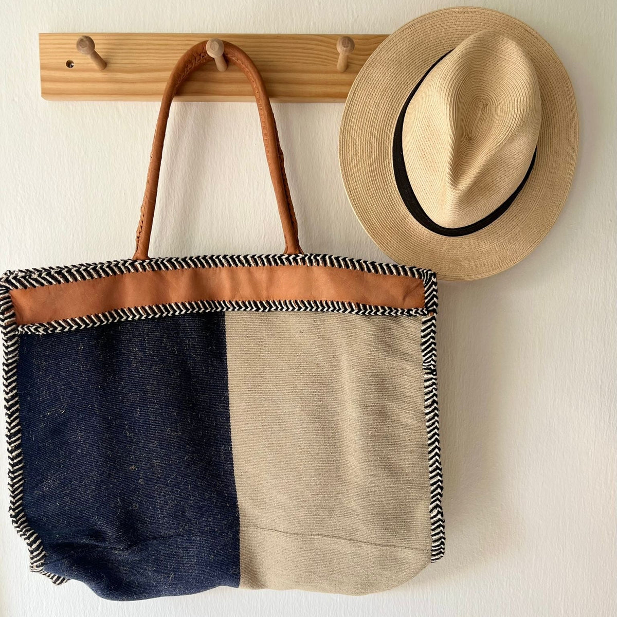 XL Handloom Cotton & Leather Tote- Beige & Blue