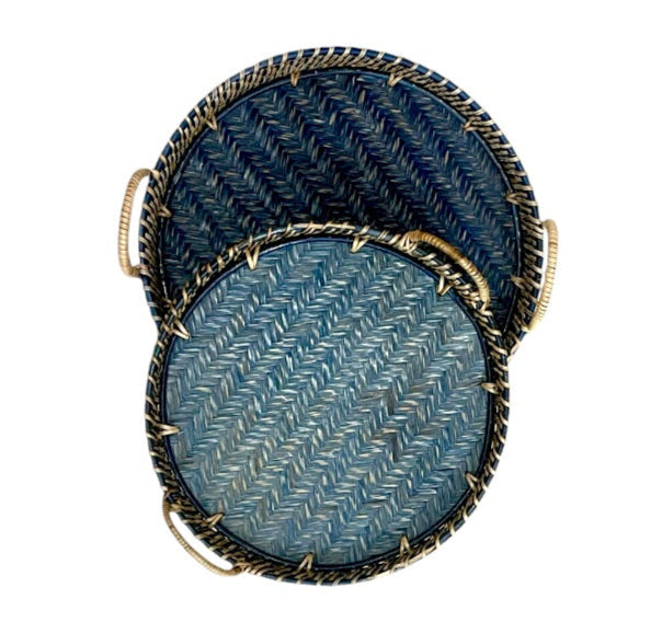 Deep Blue Round Rattan Tray