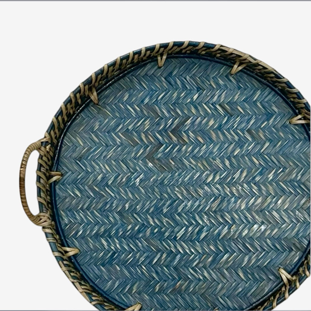 Round Rattan Tray- Light Blue