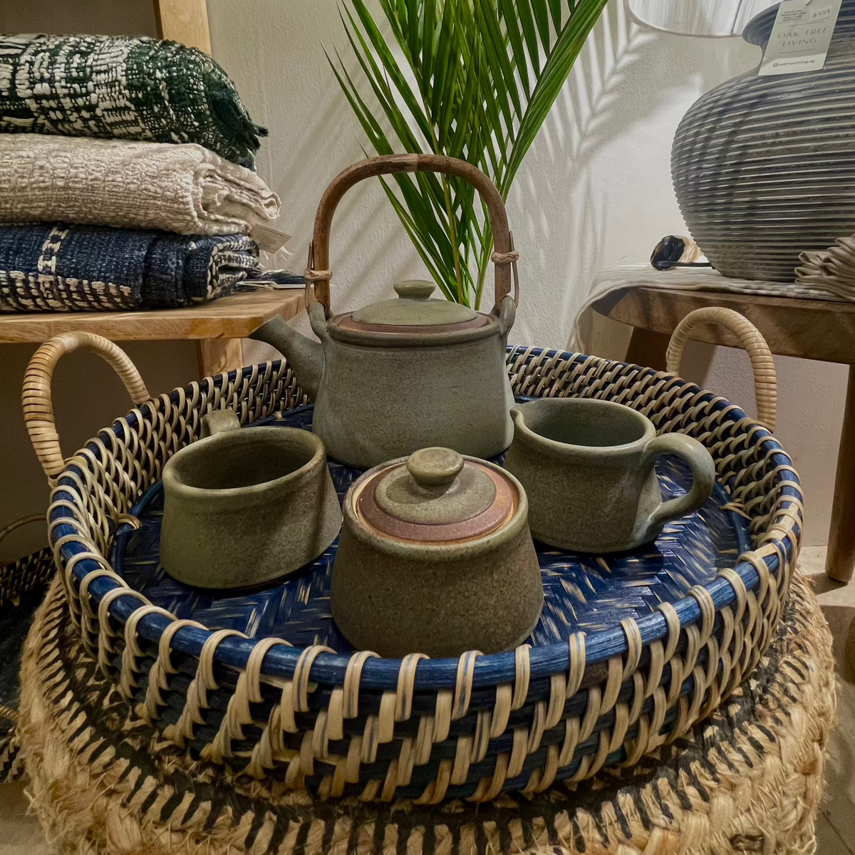 Deep Blue Round Rattan Tray