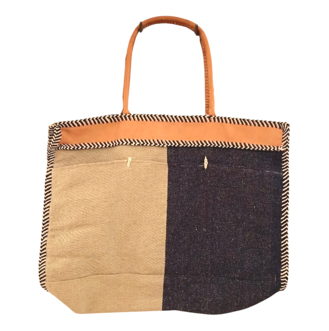 XL Handloom Cotton & Leather Tote- Beige & Blue