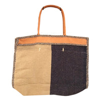 XL Handloom Cotton & Leather Tote- Beige & Blue