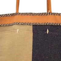 XL Handloom Cotton & Leather Tote- Beige & Blue