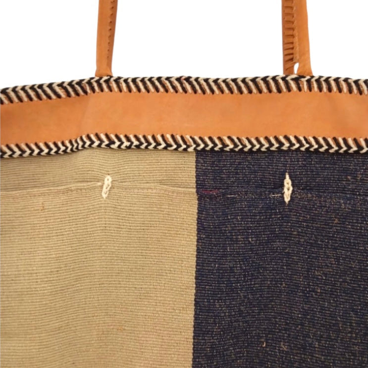 XL Handloom Cotton & Leather Tote- Beige & Blue