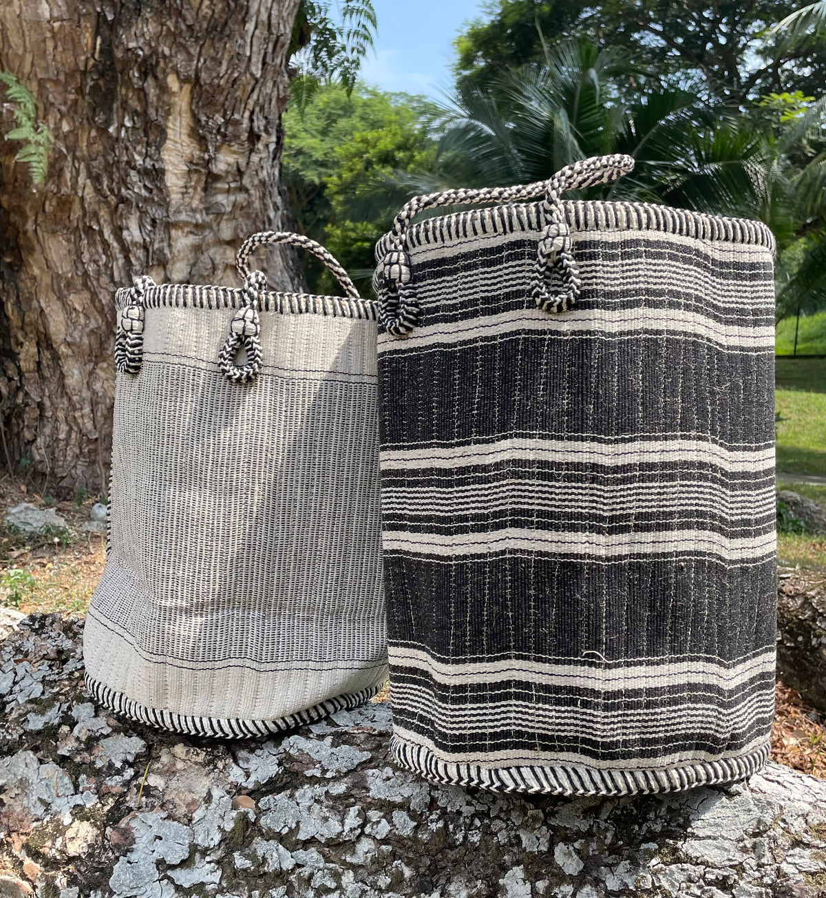 Woven Basket Gray Stripes- Medium