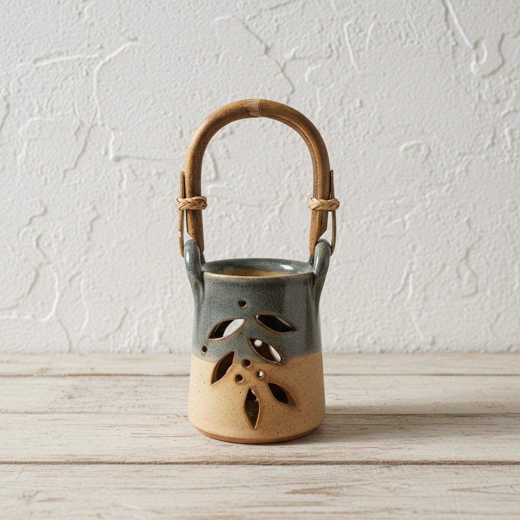 Blue Beige Essential Oil Burner with Bamboo Handle