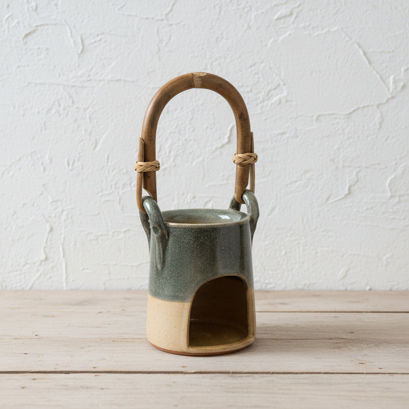Blue Beige Essential Oil Burner with Bamboo Handle