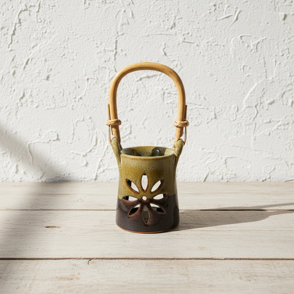 Earthy Green Brown Essential Oil Burner with Bamboo Handle