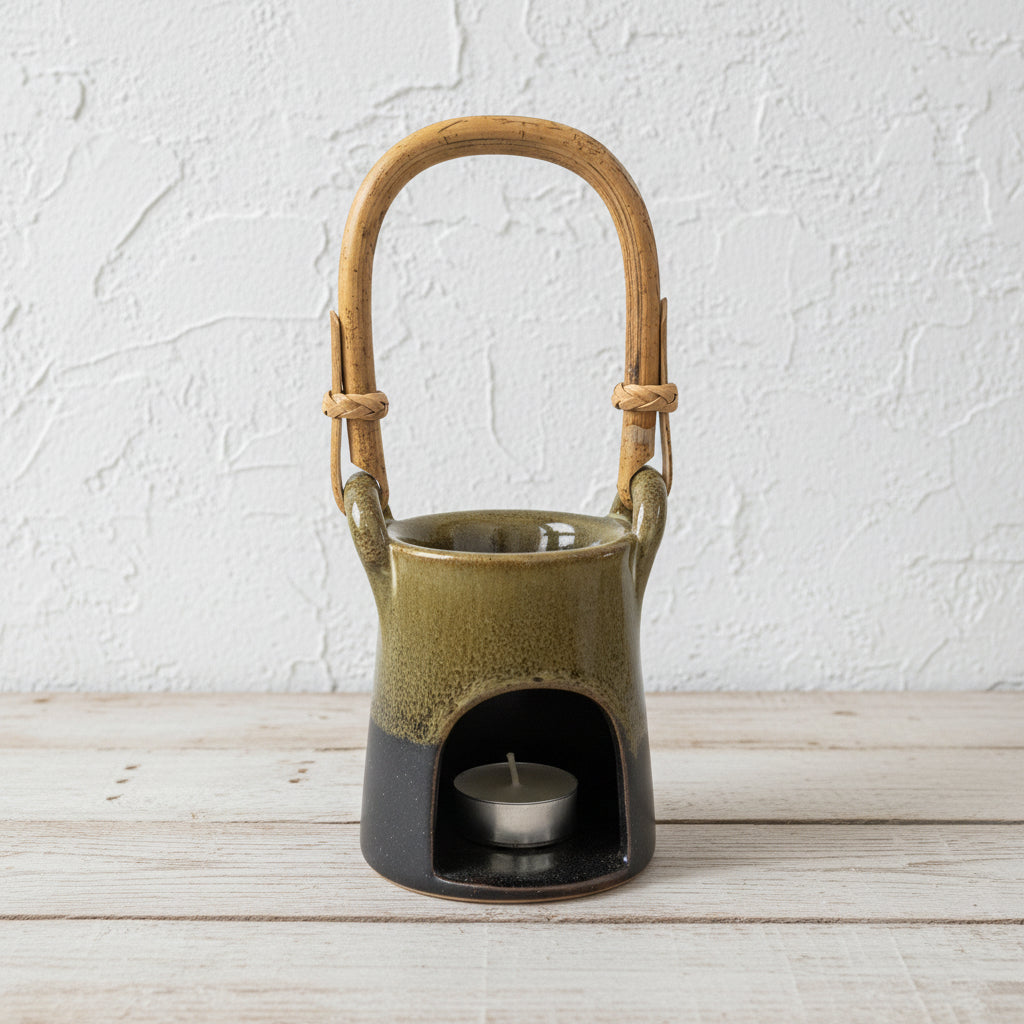 Earthy Green Brown Essential Oil Burner with Bamboo Handle