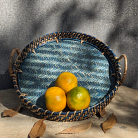 Round Rattan Tray- Light Blue