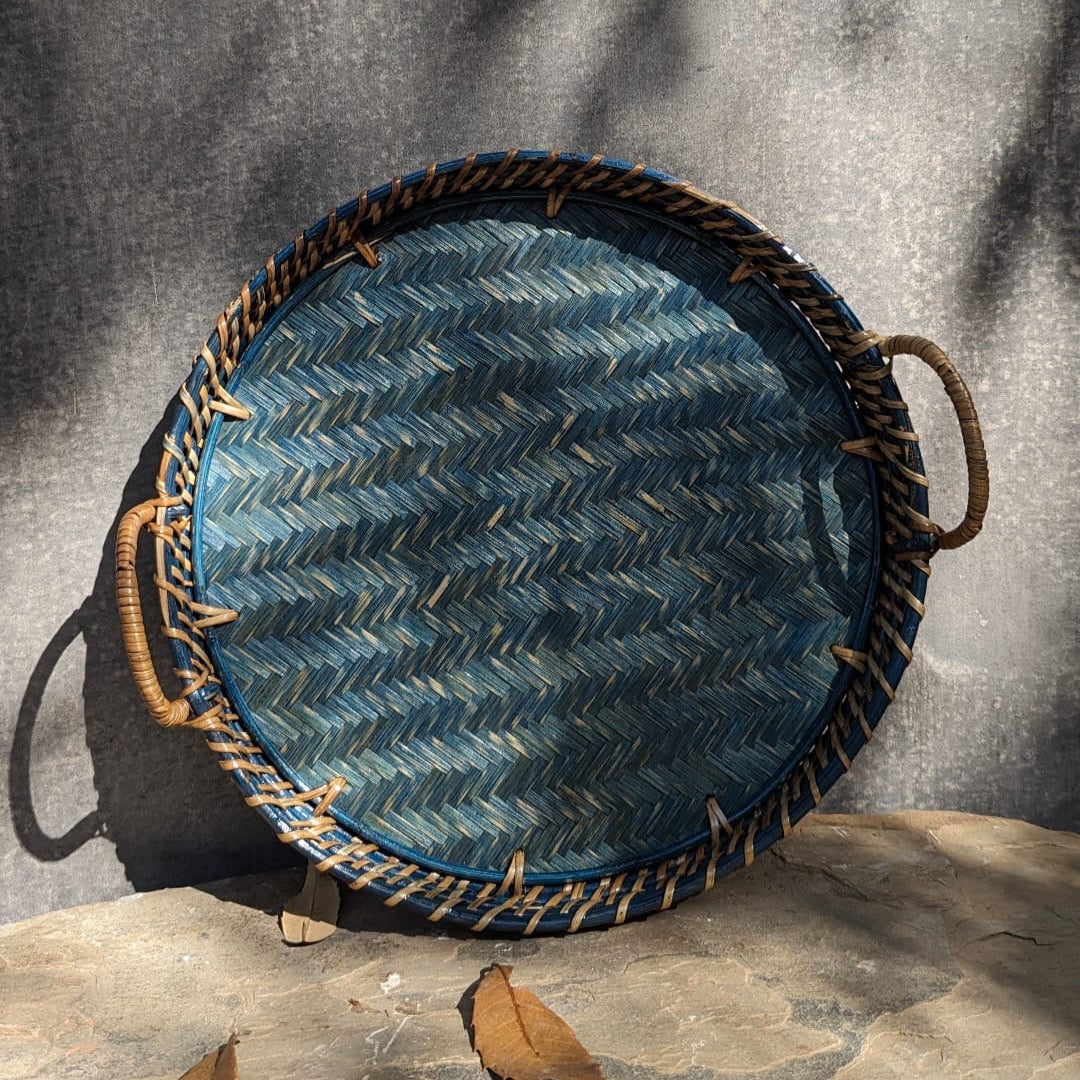 Round Rattan Tray- Light Blue