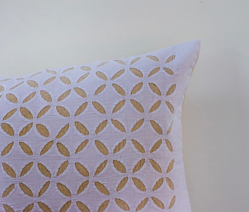 Appliqué White Beige Lumbar Throw Cushion